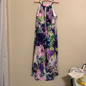Floral dress with longer sherry overlay. High low